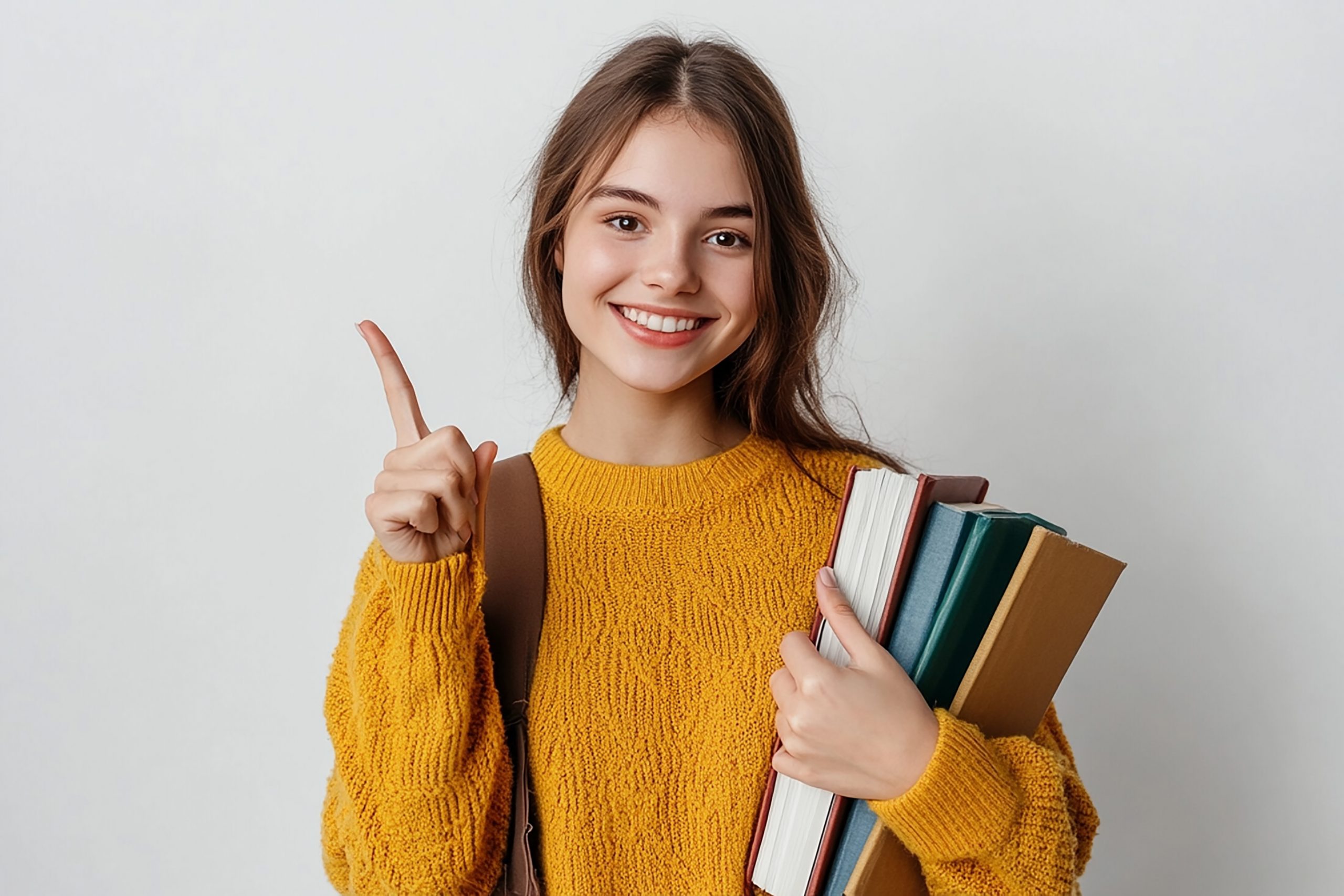 photo young woman student front isolated white wall holding books scaled